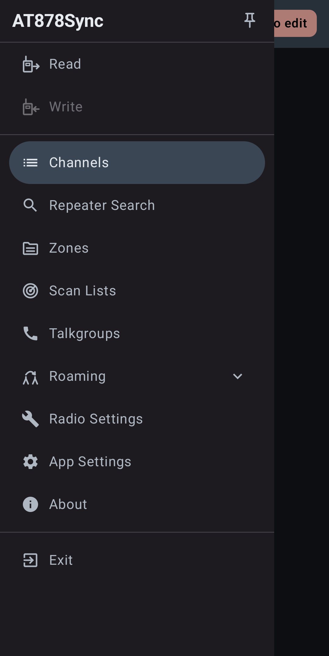 AT878Sync slide-out menu on a phone