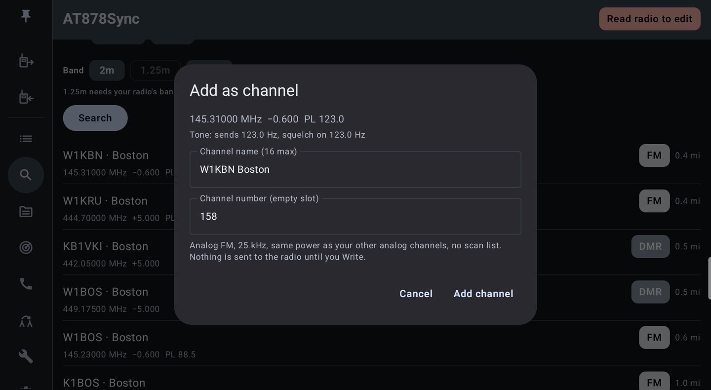 Add as channel dialog with a suggested name and empty channel slot