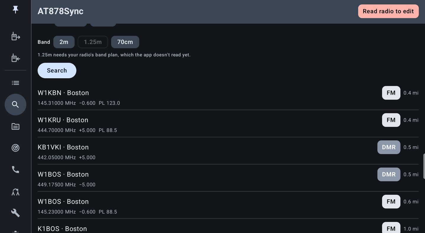 RepeaterBook search results near Boston showing callsign, frequency, offset, tone, mode and distance