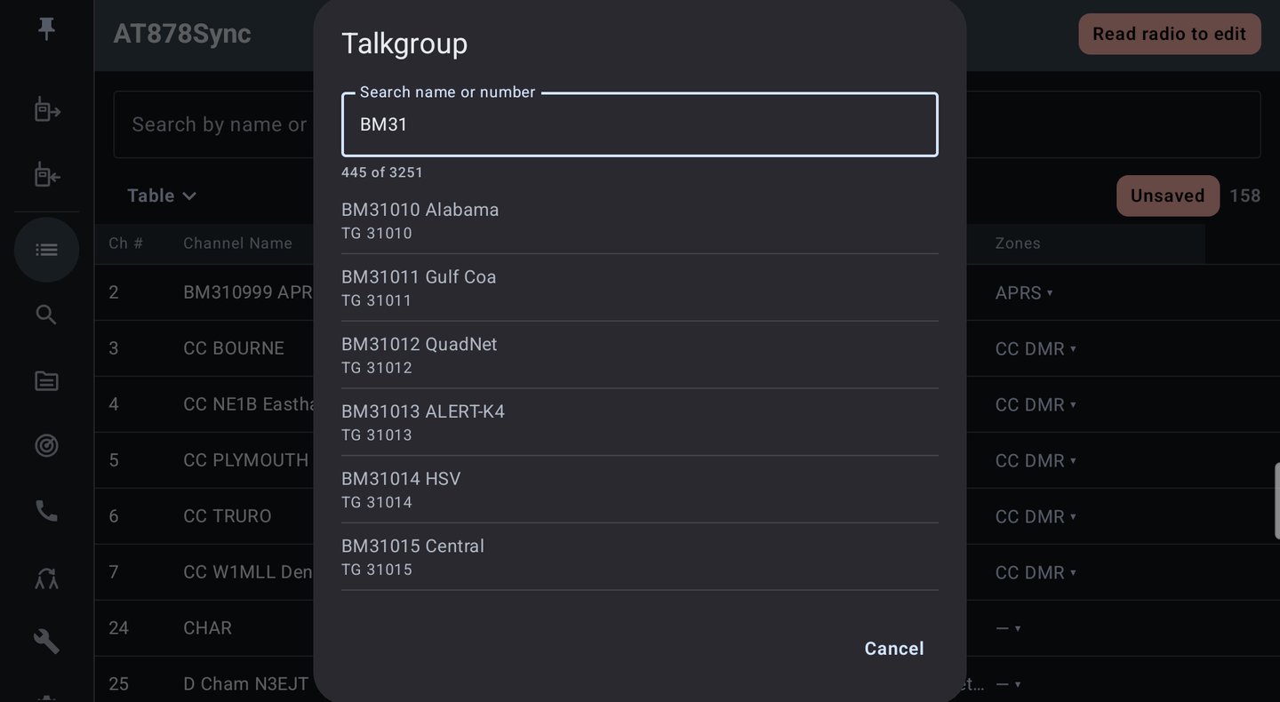 Searchable talkgroup picker filtered to BM31