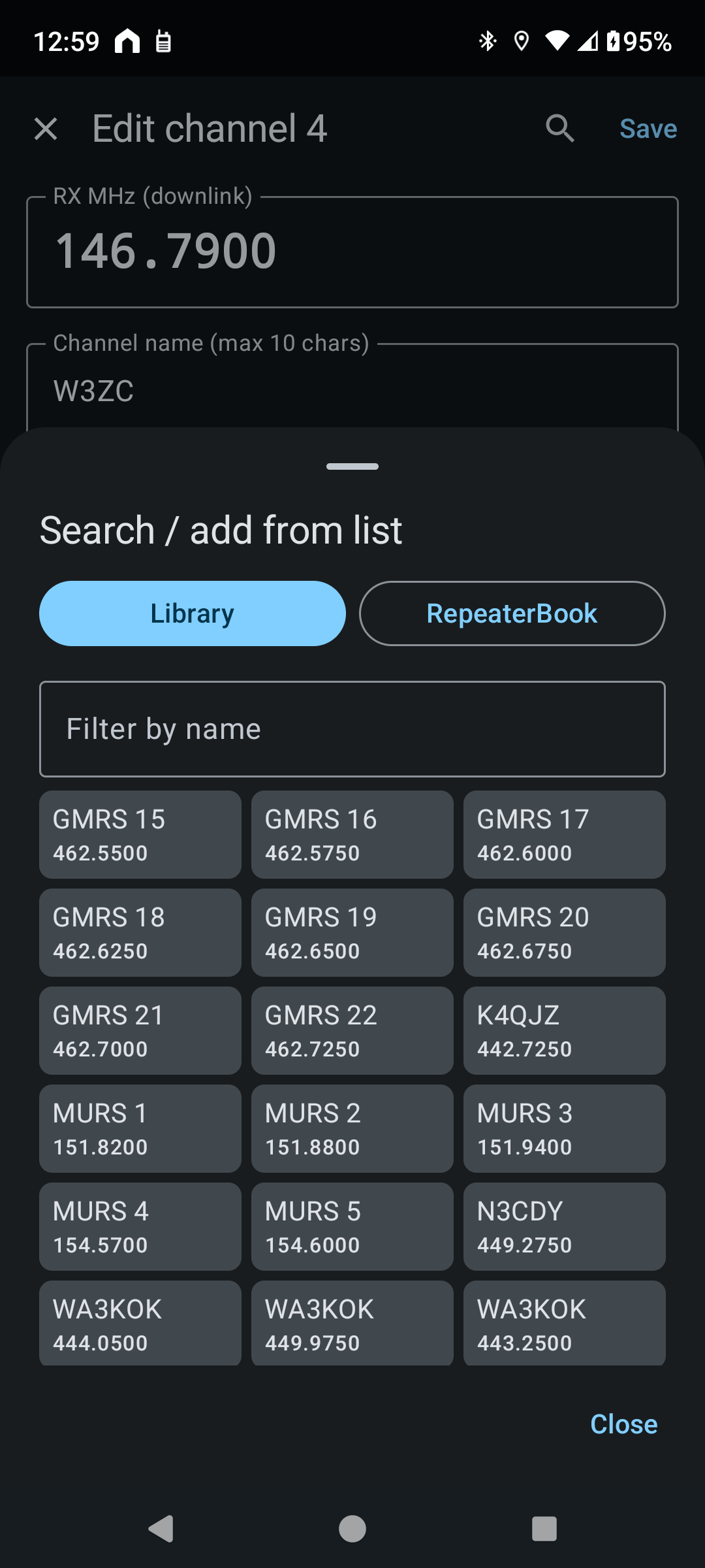 N7500 Dashboard's Search / add from list sheet showing Library and RepeaterBook tabs and saved channels in a grid