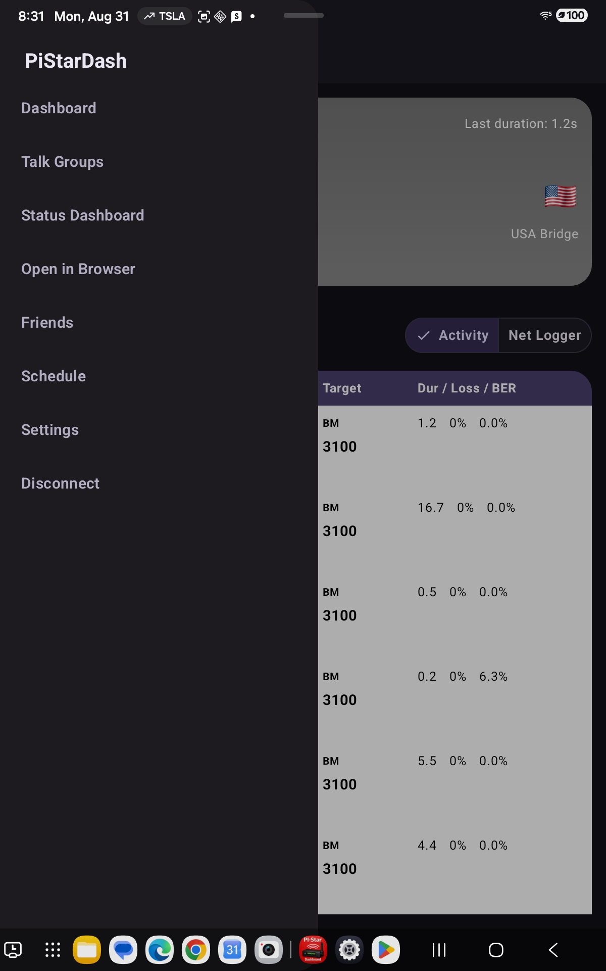 PiStarDash's app-wide navigation drawer, open over the Net Logger screen