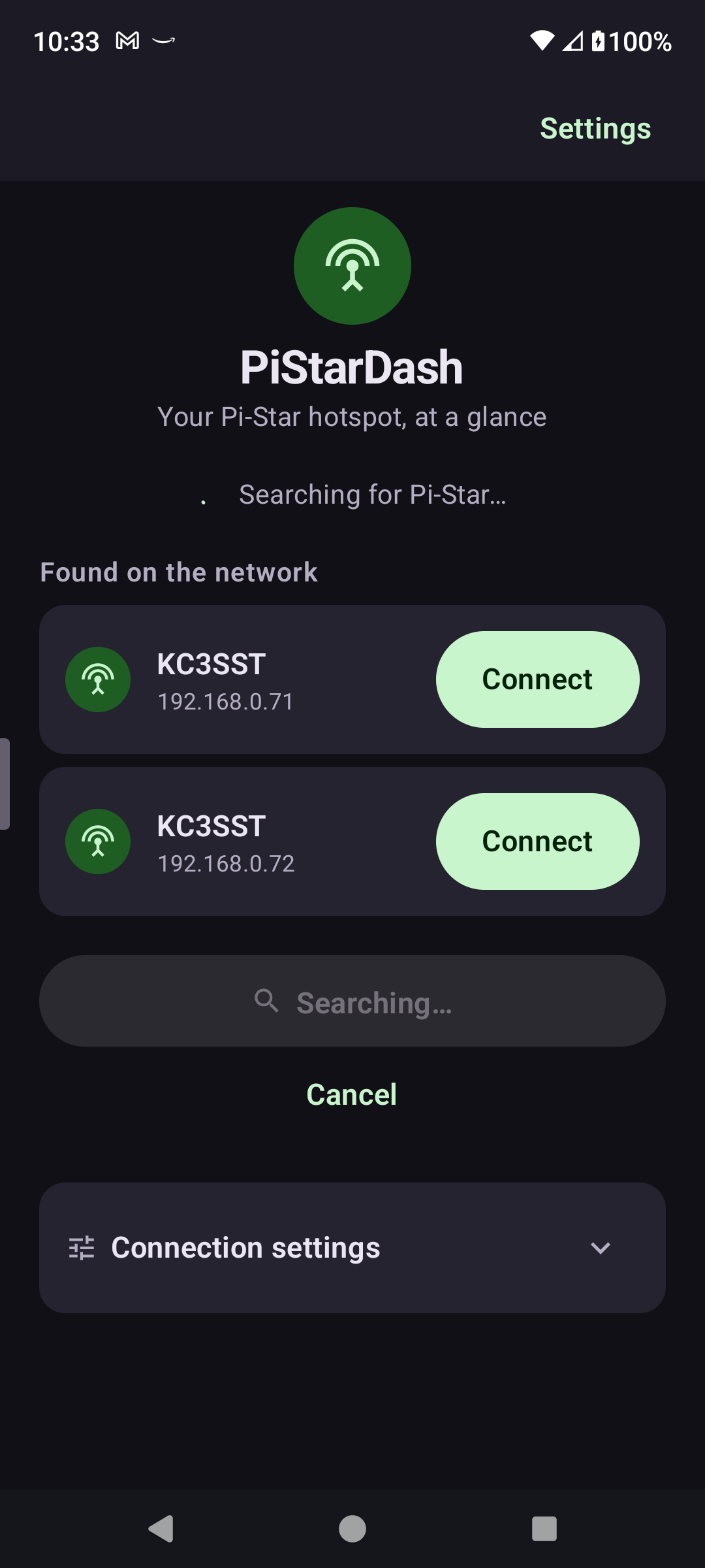 PiStarDash home screen discovering Pi-Star devices on the network