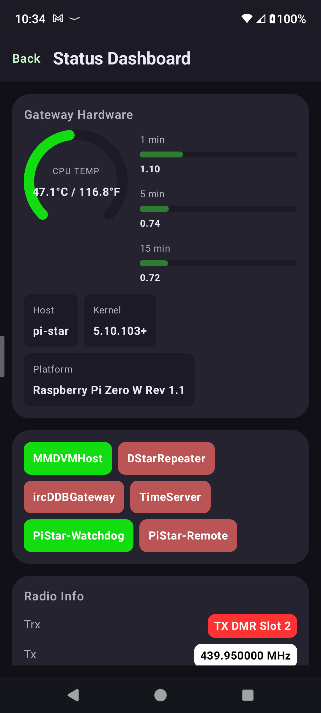 PiStarDash Status Dashboard with CPU temperature gauge and service status