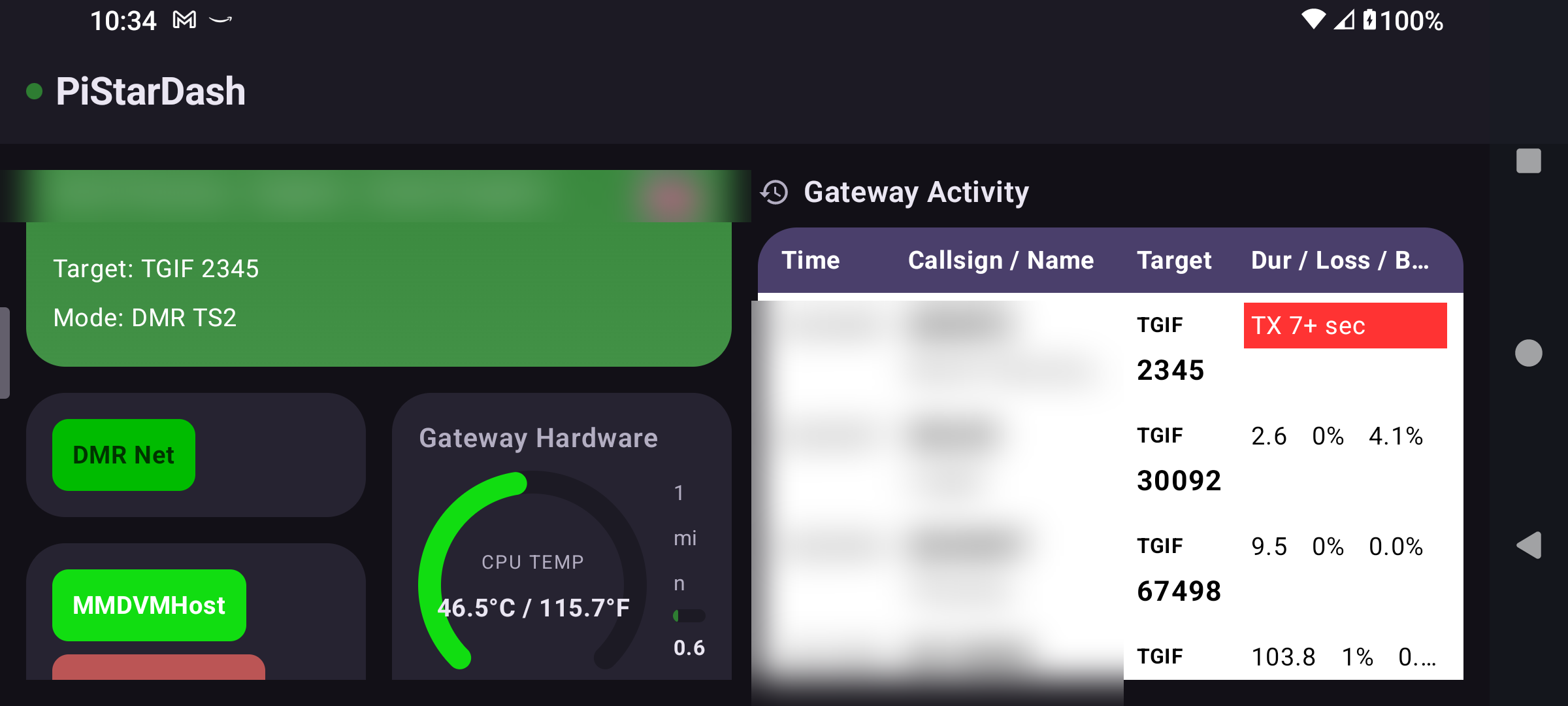 PiStarDash on a tablet in landscape, showing a two-pane layout